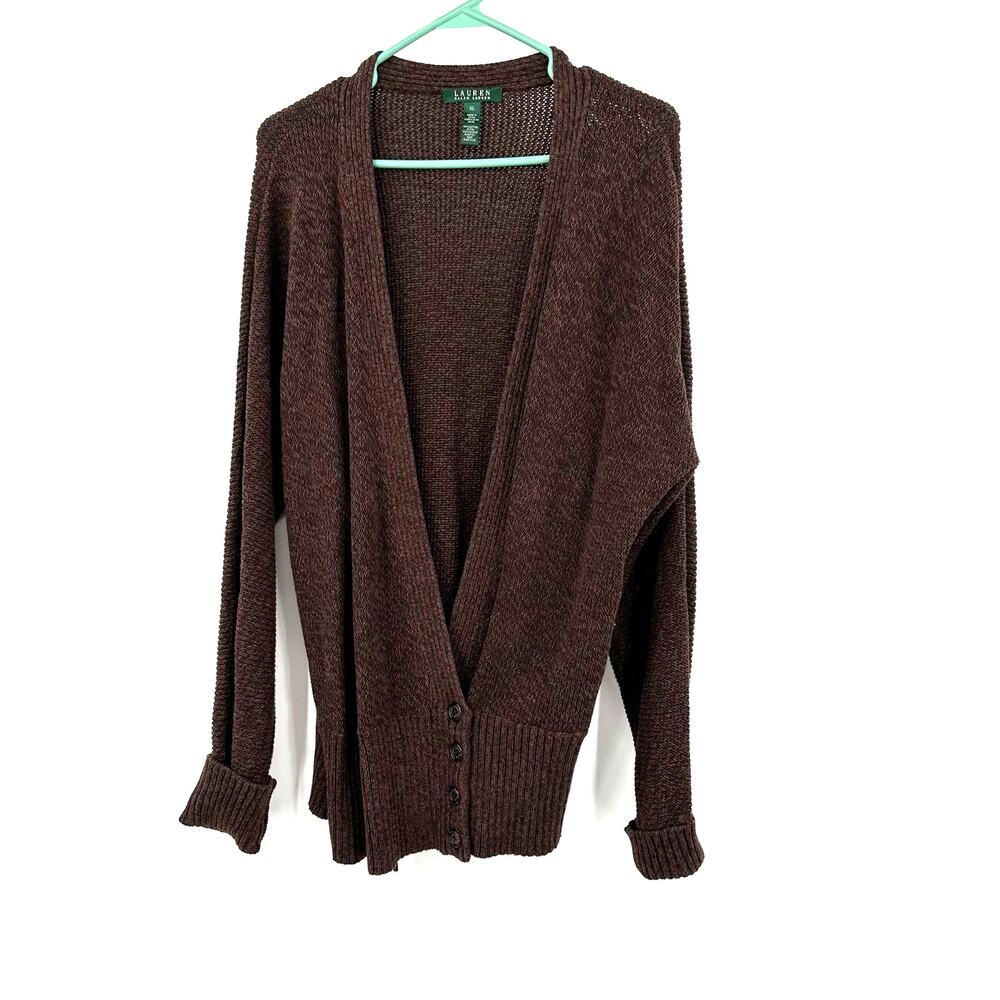 Lauren Ralph Lauren Size XL Sweater Brown Bottom Buttons Long‎ Sleeve V Neck